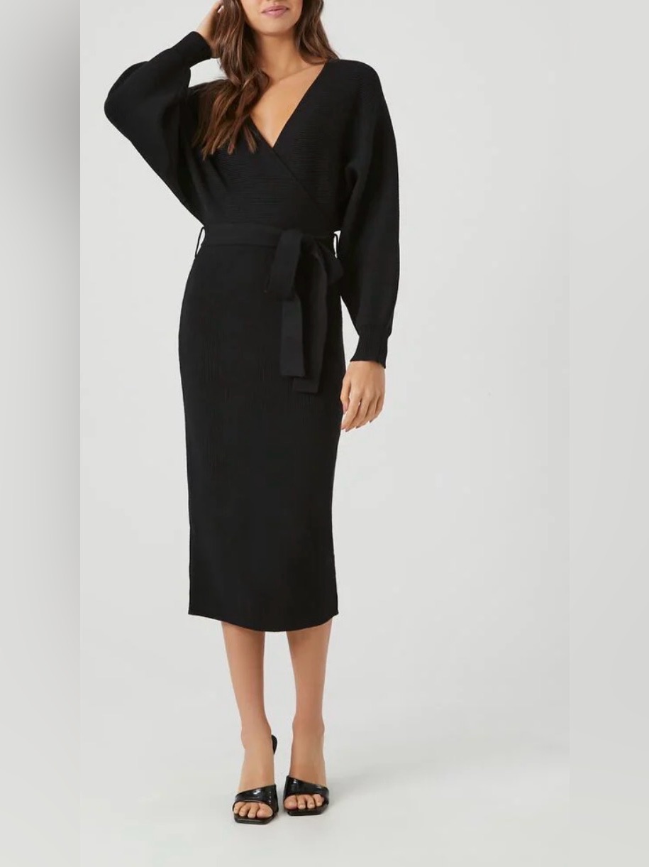 Nwt Express Classic Black True Wrap Long Sleeve Sweater Knit Midi Dress Size Xs